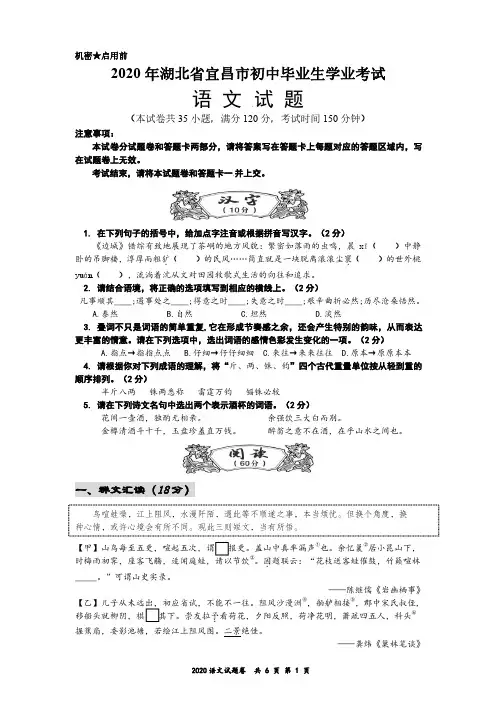 2020年湖北省宜昌市中考语文试题及答案