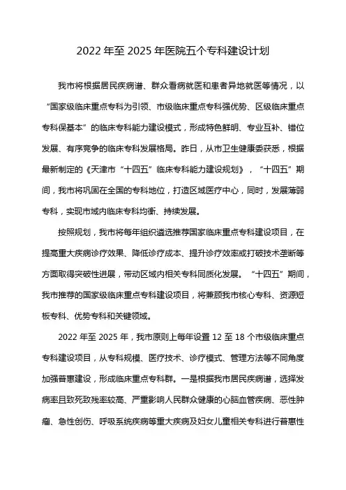 2022年至2025年医院五个专科建设计划