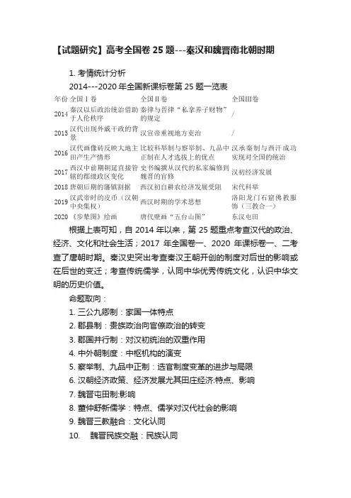 【试题研究】高考全国卷25题---秦汉和魏晋南北朝时期