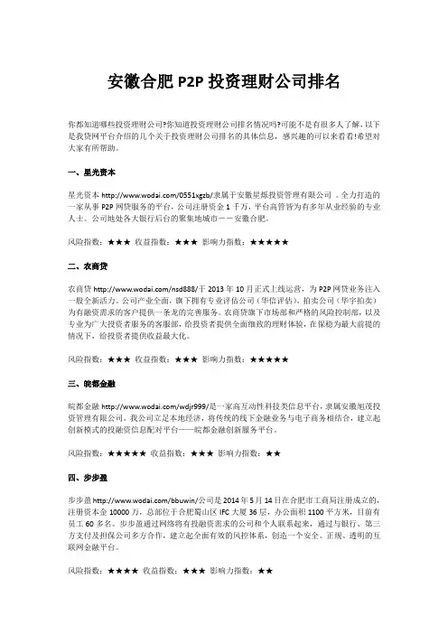 安徽合肥P2P投资理财公司排名