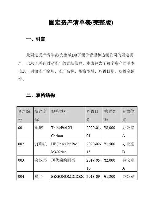 固定资产清单表(完整版)