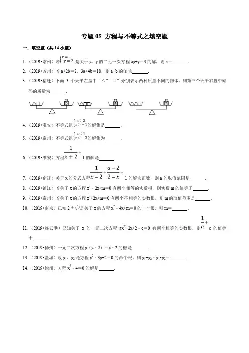 2019年江苏省中考数学真题分类汇编 专题05 方程与不等式之填空题(原卷版)