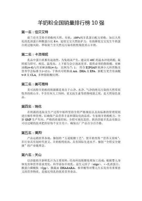 羊奶粉全国销量排行榜10强