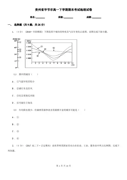 贵州省毕节市高一下学期期末考试地理试卷