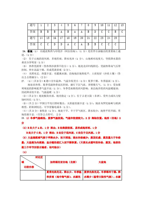 高二区域地理月考试卷参考答案