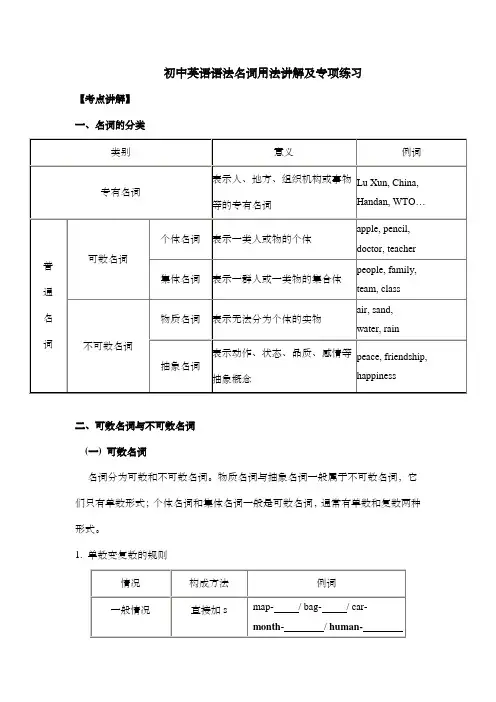 初中英语语法名词用法讲解及专项练习