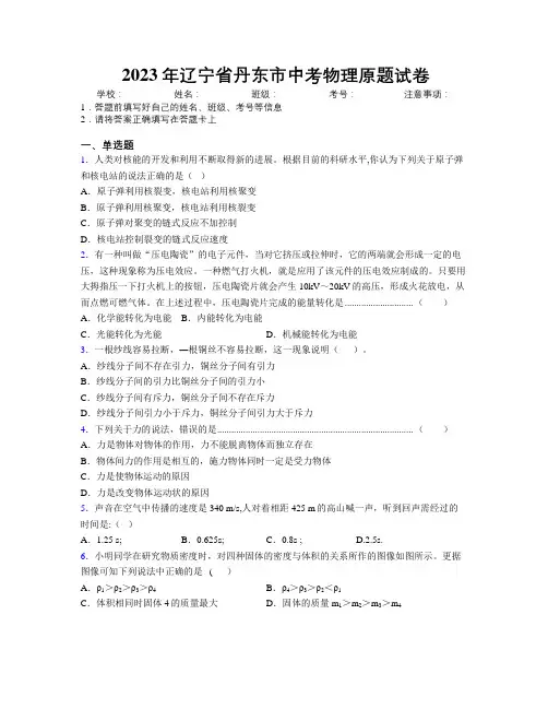 2023年辽宁省丹东市中考物理原题试卷附解析