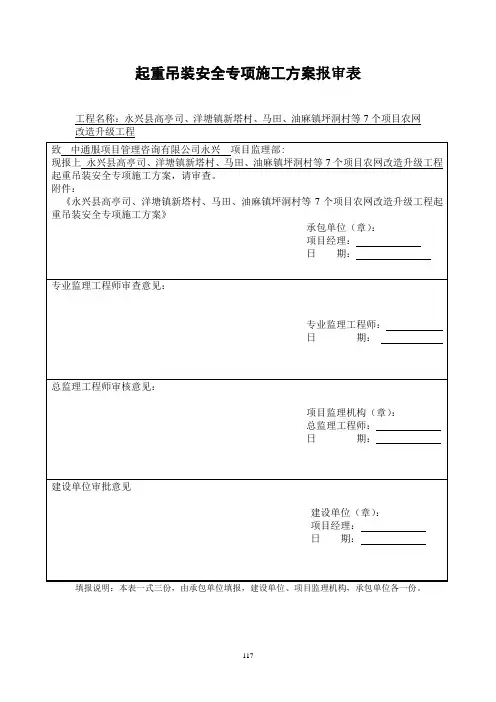 起重吊装安全专项方案报审表(含参考填写)