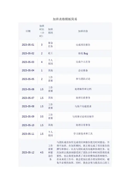 加班表格模板简易
