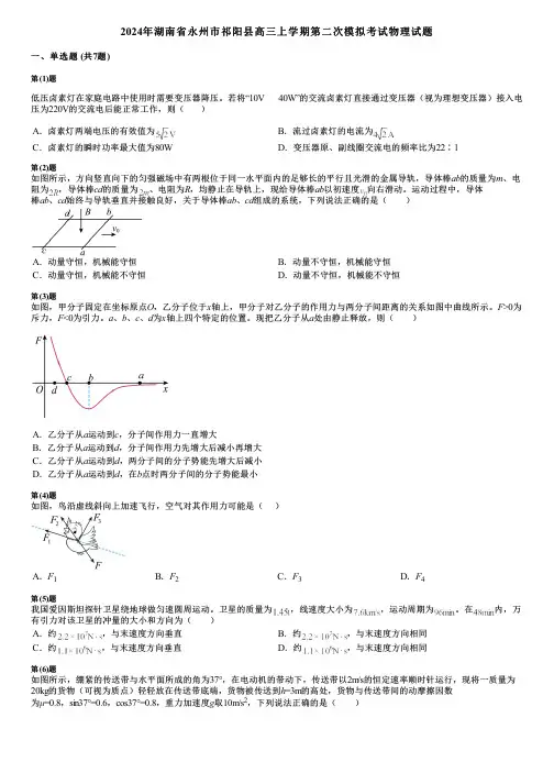 2024年湖南省永州市祁阳县高三上学期第二次模拟考试物理试题