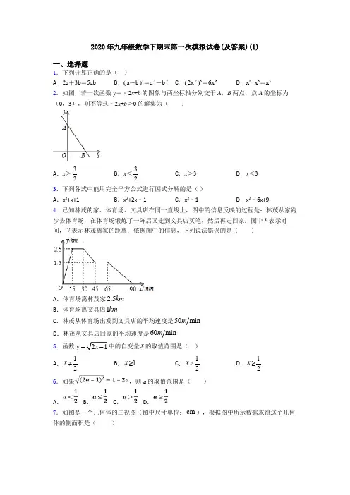 2020年九年级数学下期末第一次模拟试卷(及答案)(1)