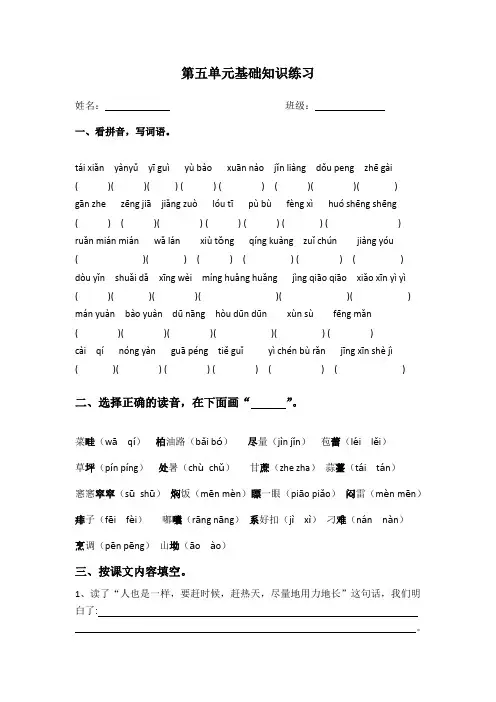 部编版六年级语文上册第五单元基础知识巩固练习