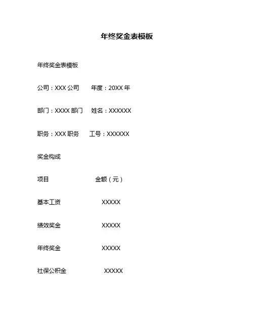 年终奖金表模板