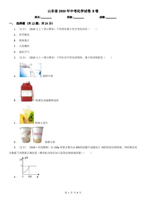 山东省2020年中考化学试卷 B卷