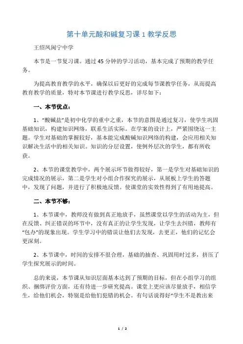 化学人教版九年级上册第十单元酸和碱单元复习 课后反思