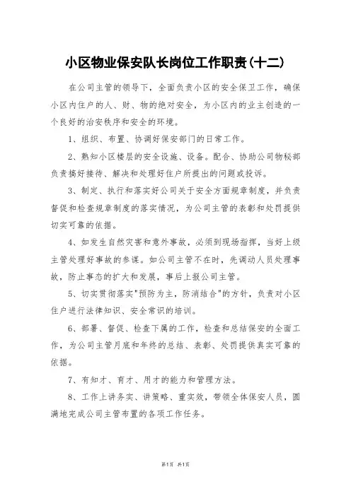 小区物业保安队长岗位工作职责(十二)