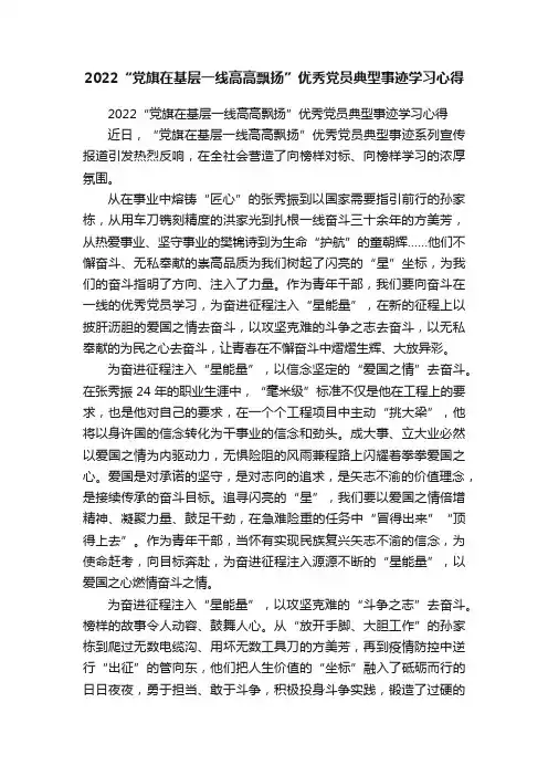 2022“党旗在基层一线高高飘扬”优秀党员典型事迹学习心得