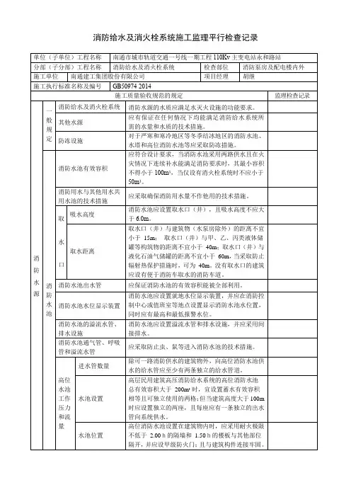 消防给水及消火栓系统施工监理平行检查记录