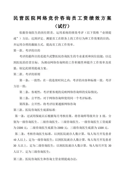 民营医院网络竞价咨询员工资绩效方案 试行 