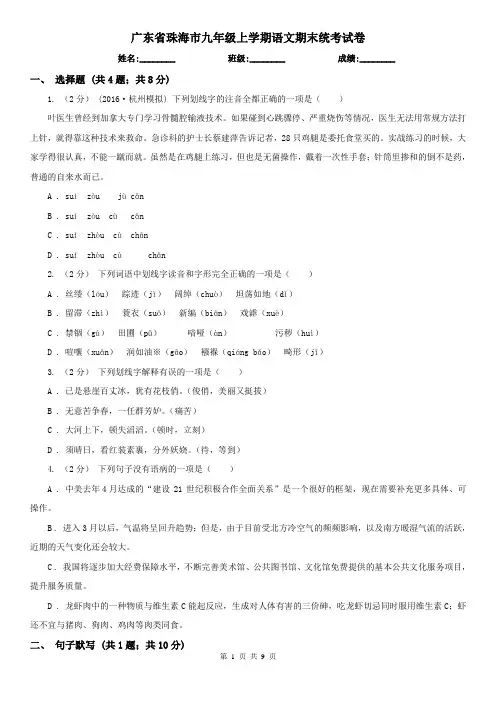 广东省珠海市九年级上学期语文期末统考试卷
