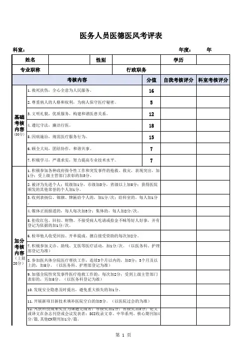 医务人员医德医风考评表