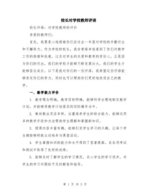 校长对学校教师评语