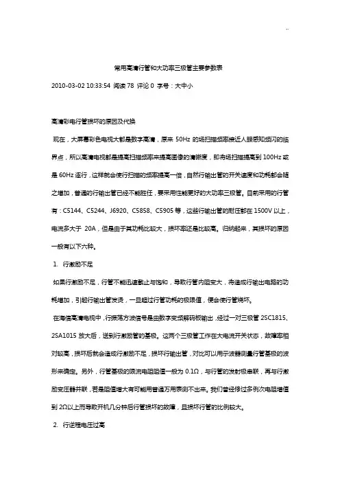 通用高清行管和大功率三极管主要参数表