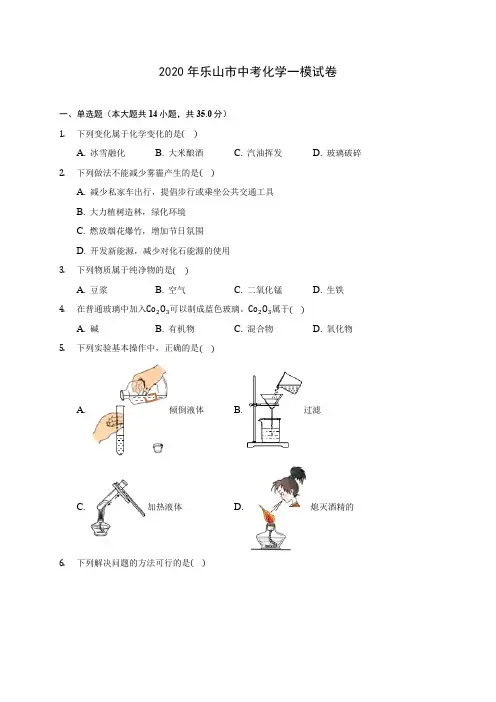 2020年乐山市中考化学一模试卷(含答案解析)