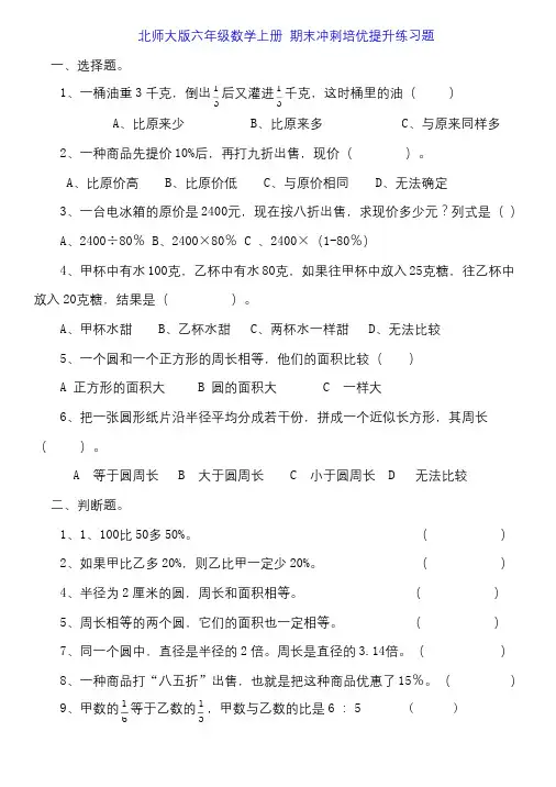 北师大版六年级数学上册 期末冲刺培优提升练习题(无答案)