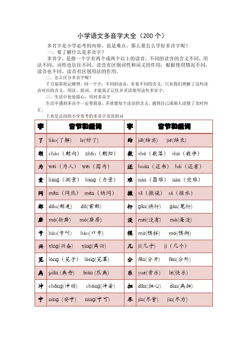小学1-6年级语文多音字大全(200个)