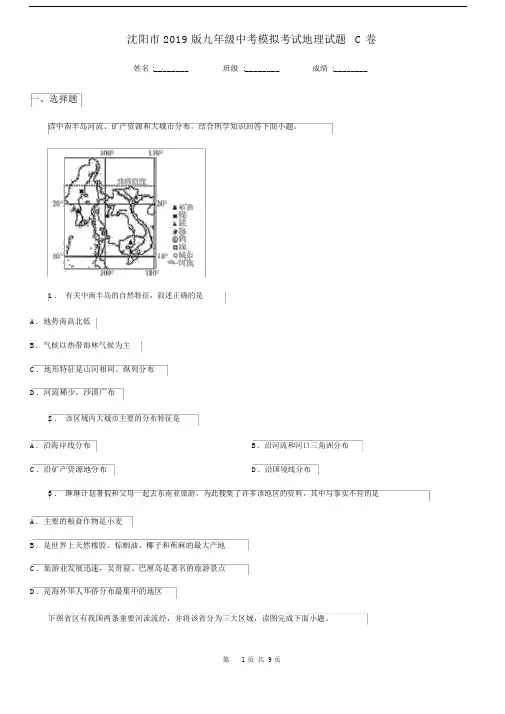 沈阳市2019版九年级中考模拟考试地理试题C卷.docx