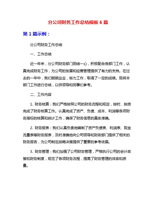 分公司财务工作总结模板6篇