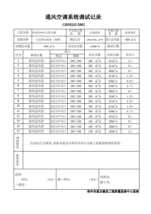 通风空调系统调试记录(主楼新风机)