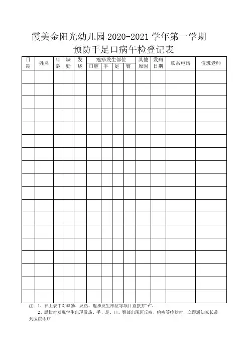 幼儿园预防手足口病午检登记表