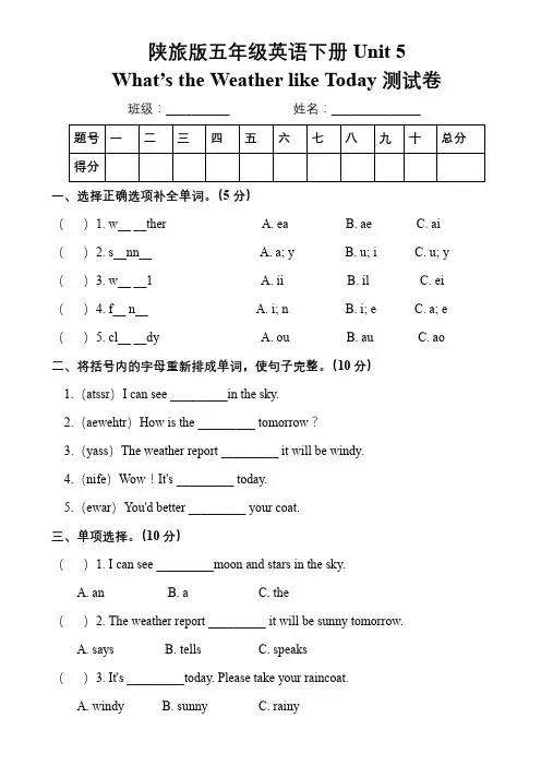 陕旅版五年级英语下册Unit 5 What's the Weather like Today测试卷