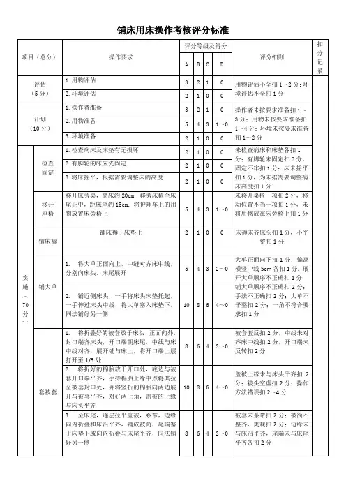 铺床用床操作考核评分标准