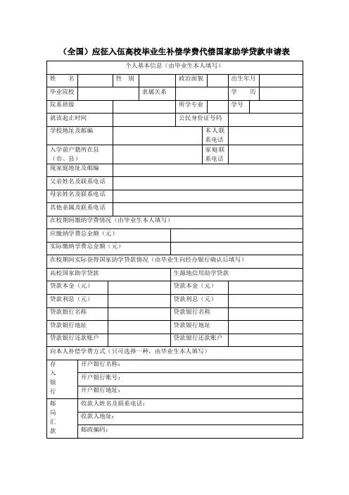 (全国)应征入伍高校毕业生补偿学费代偿国家助学贷款申请表