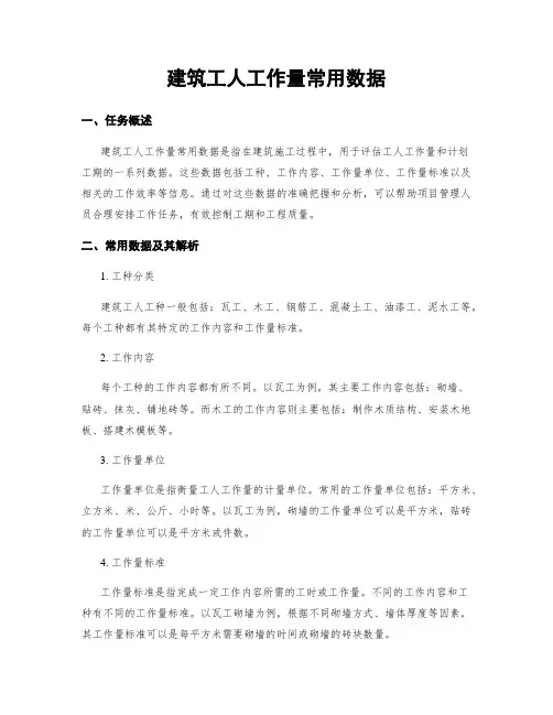 建筑工人工作量常用数据