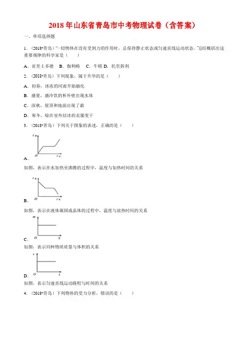 2018年山东省青岛市中考物理试卷(含答案Word)
