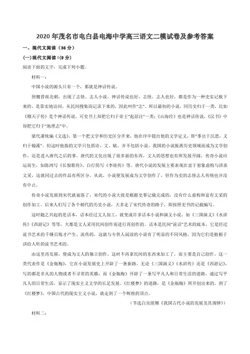 2020年茂名市电白县电海中学高三语文二模试卷及参考答案