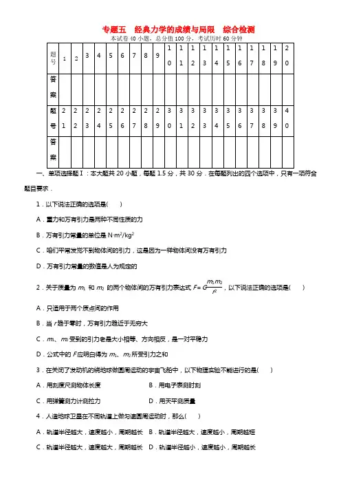 【百年学典】（广东专用）2021高考物理 专题五 经典力学的成绩与局限综合检测(1)
