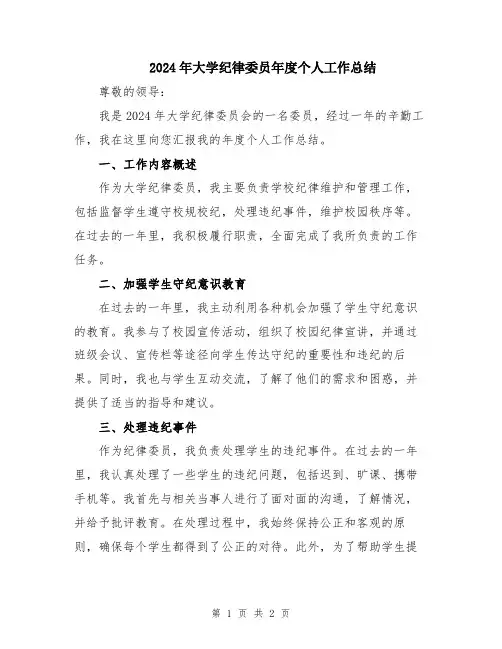 2024年大学纪律委员年度个人工作总结