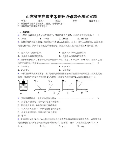最新山东省枣庄市中考物理必修综合测试试题及解析