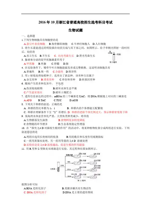 2016年10月浙江省普通高校招生选考科目考试生物试题   Word版含答案