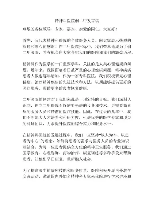 精神科医院创二甲发言稿