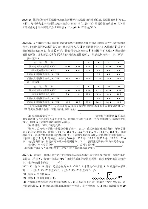 上海初三物理中考原题压力压强2006--2014