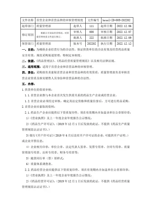 药品批发企业首营企业和首营品种的审核管理制度