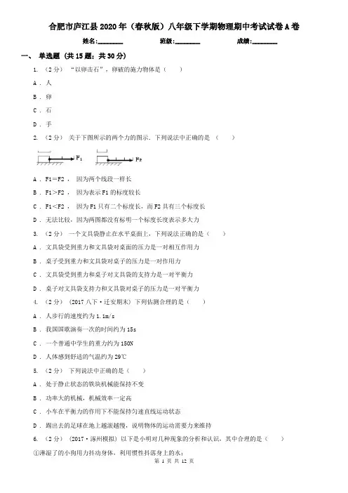 合肥市庐江县2020年(春秋版)八年级下学期物理期中考试试卷A卷