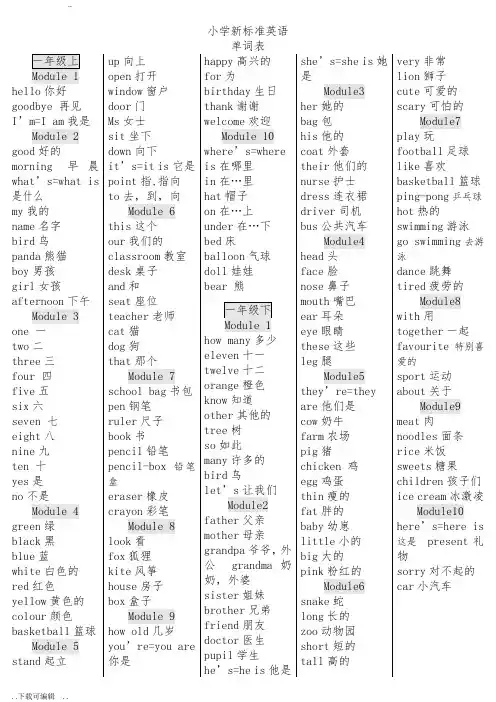 外研社小学新标准英语单词表汇总打印版(一年级起点)