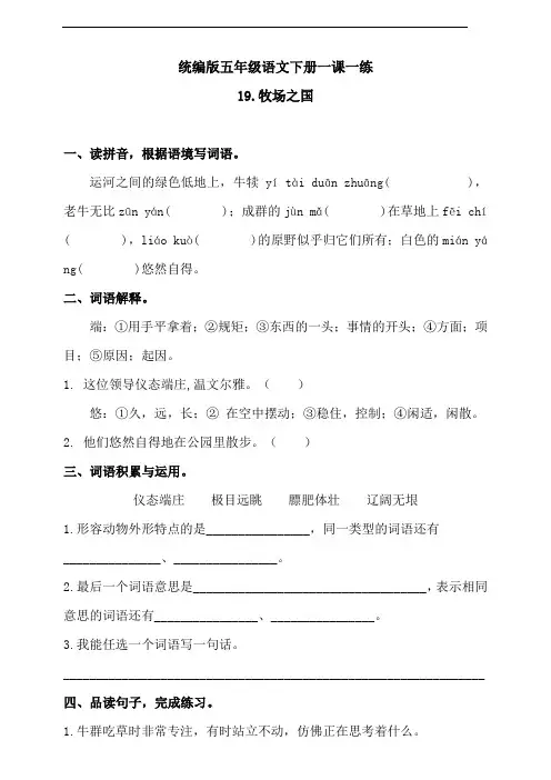 部编版语文五年级下册  《19牧场之国》一课一练(含答案)